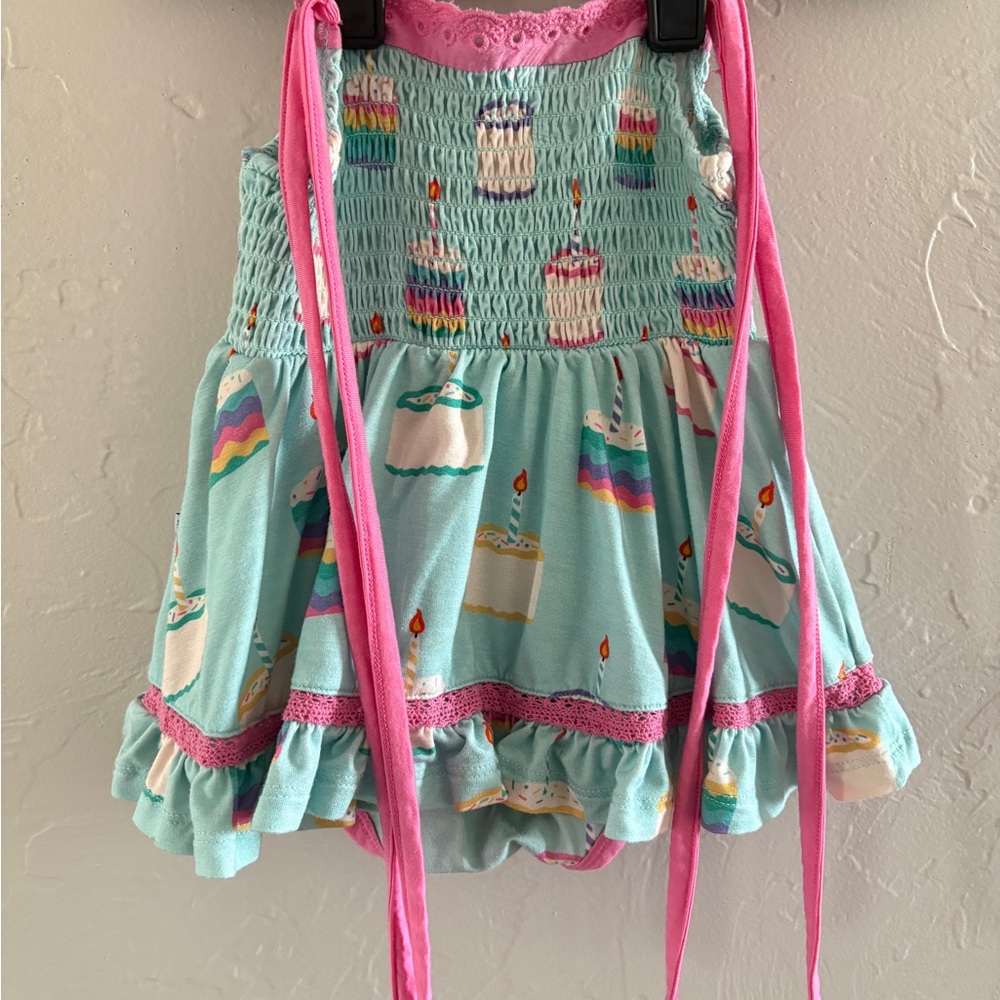 Birthday Colorful Cake Print Baby Dress with Pink Accents - Birdie Bean